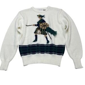 Vintage Cheryl Tiege Sweater Womens M White Scottish Bagpiper Embroidered Preppy